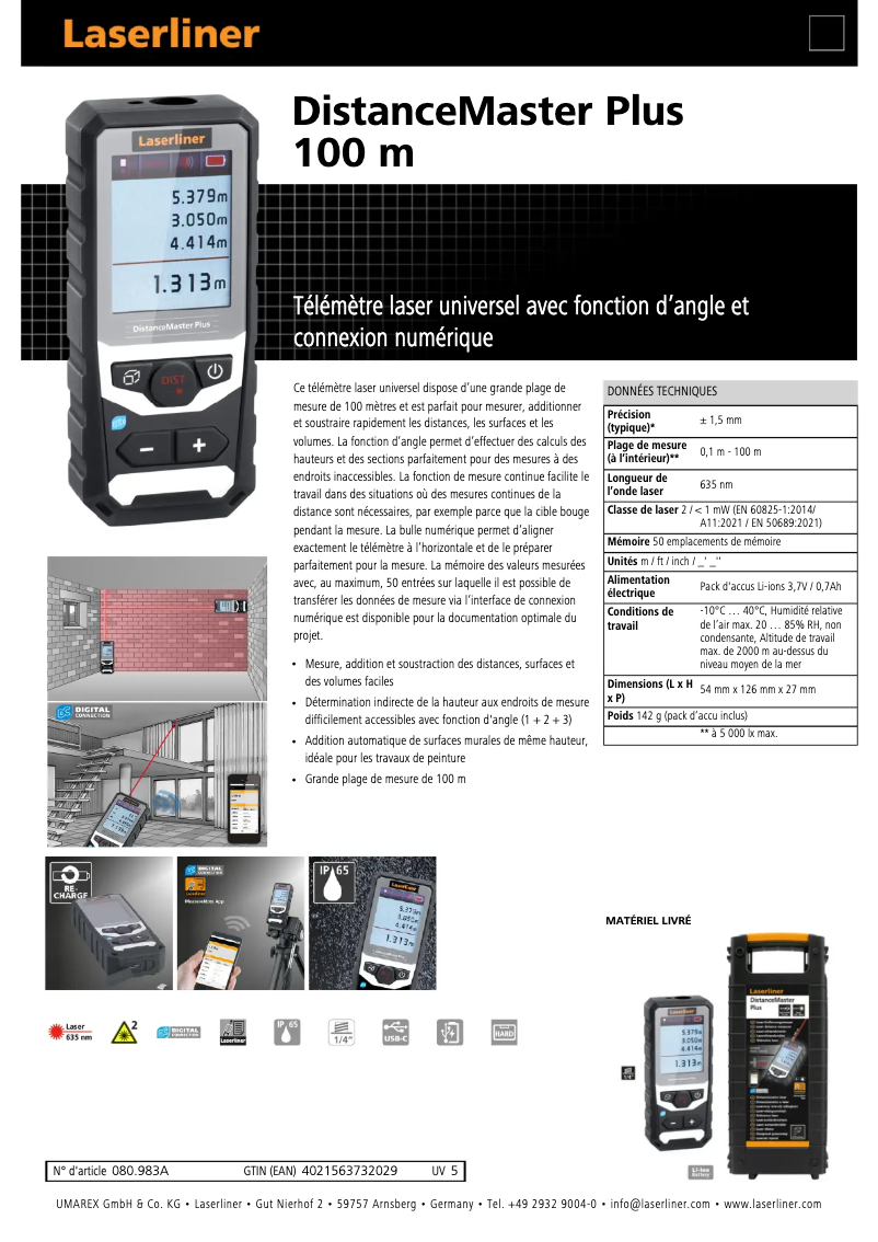 Página 1 del manual Ficha técnica Laserliner DistanceMaster Plus