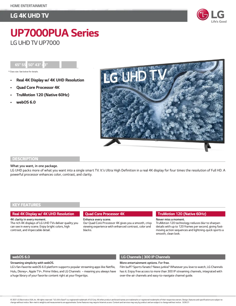 Page 1 de la notice Fiche technique LG 43UP7000PUA