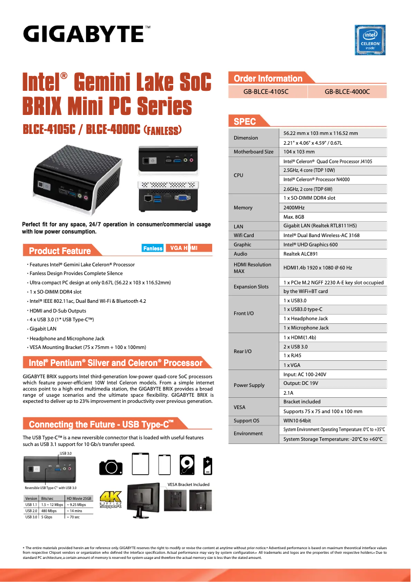 Page 1 of the manual Technical Sheet Gigabyte GB-BLCE-4105C