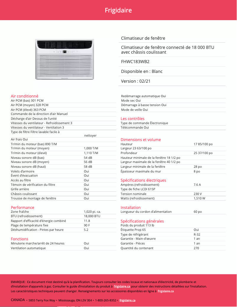 Página 1 del manual Ficha técnica Frigidaire FHWC183WB2