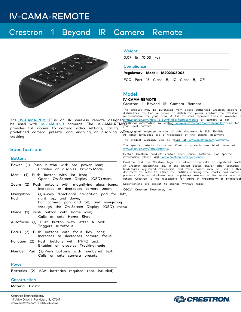Page 1 de la notice Fiche technique Crestron IV-CAMA-REMOTE