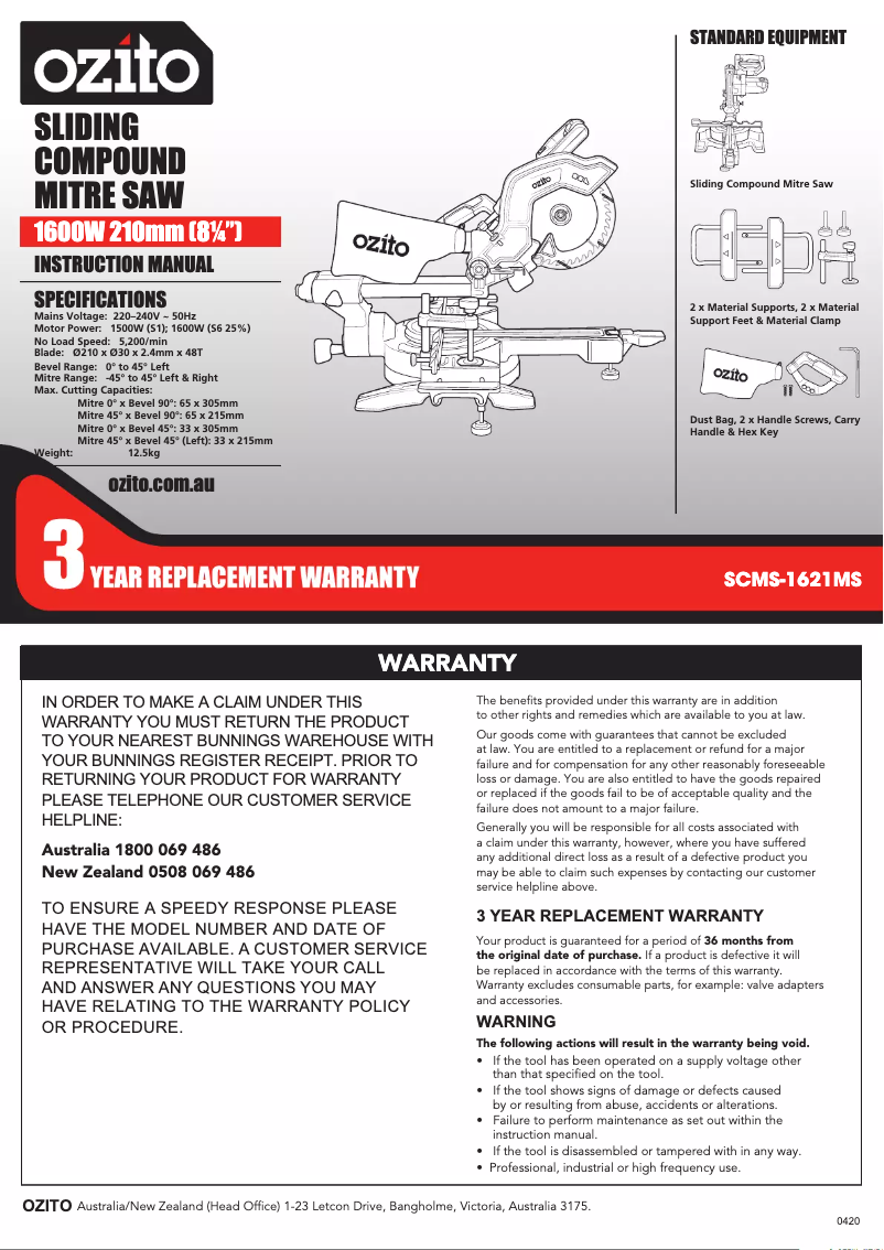 Page 1 de la notice Manuel utilisateur Ozito SCMS-1621MS