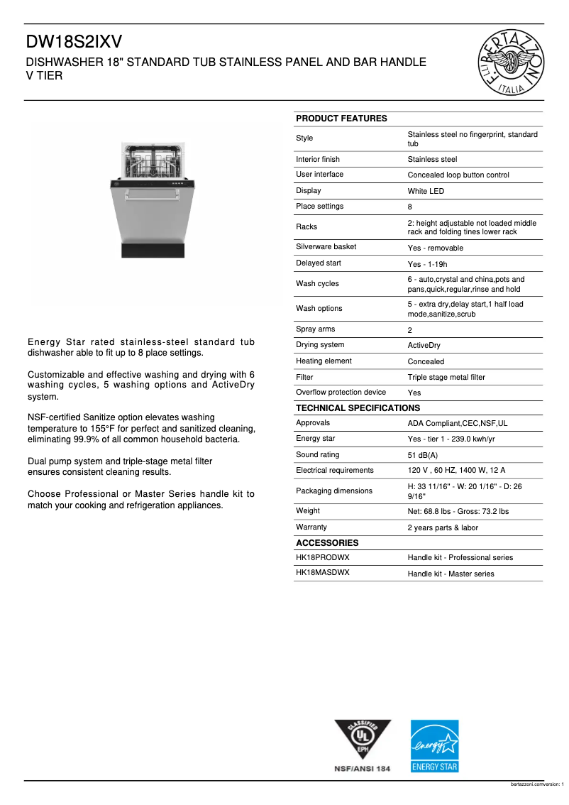 Page 1 de la notice Fiche technique Bertazzoni DW18S2IXV