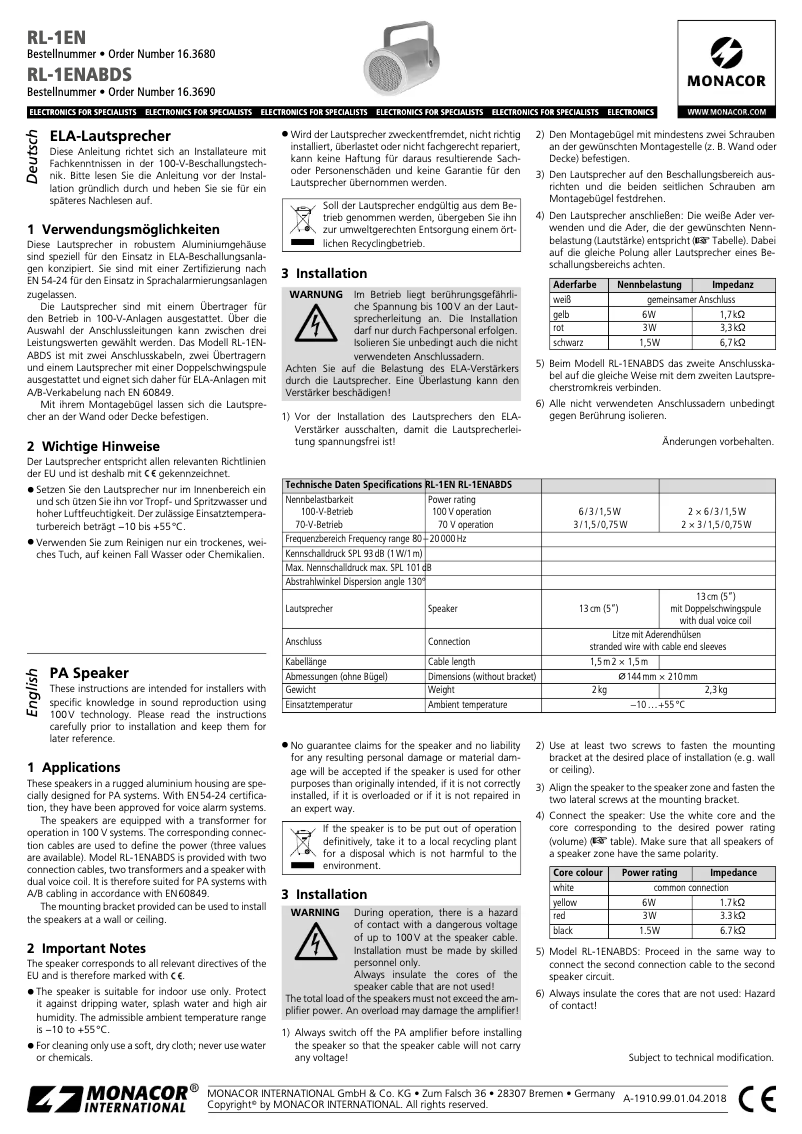 Page 1 de la notice Manuel utilisateur Monacor RL-1EN
