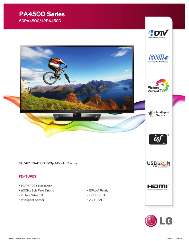 Page 1 de la notice Fiche technique LG 50PA4500