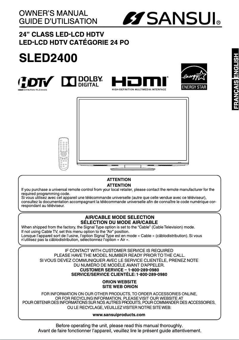 Page 1 de la notice Manuel utilisateur Sansui SLED2400