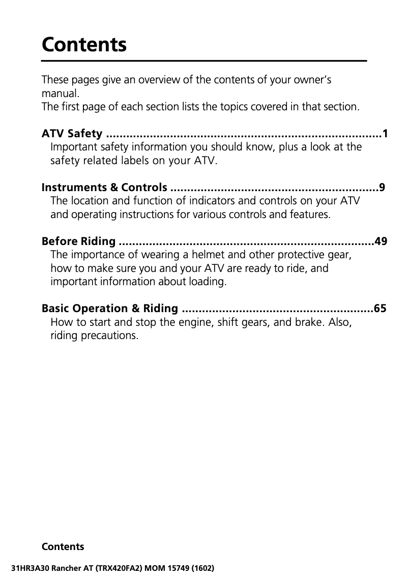 Page 1 de la notice Manuel utilisateur Honda FourTrax Rancher TRX420 (2017)