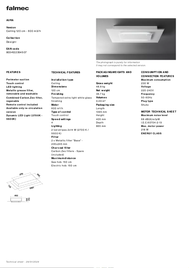 Página 1 del manual Ficha técnica Falmec Aura
