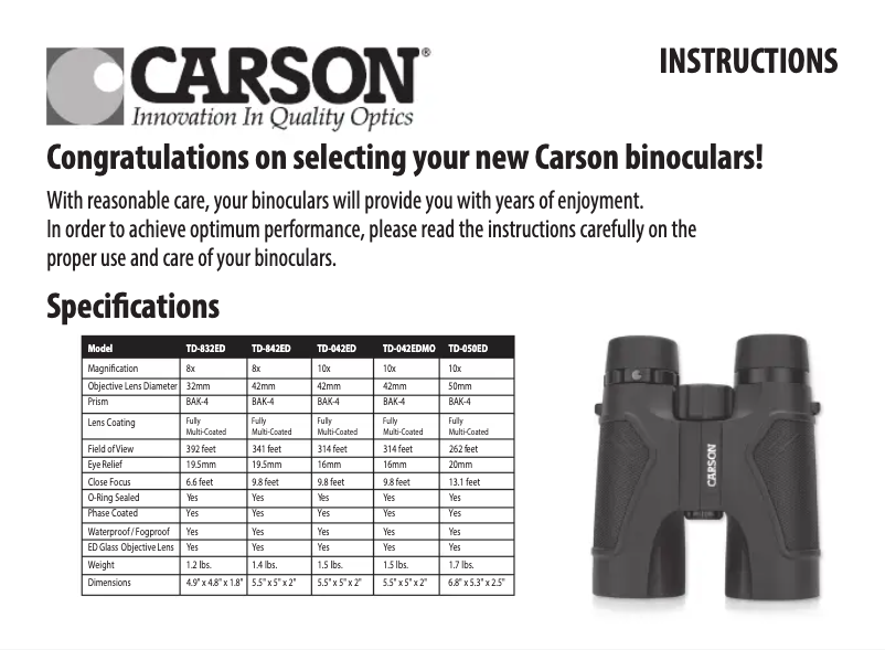 Page 1 de la notice Manuel utilisateur Carson 3D Series TD-042ED