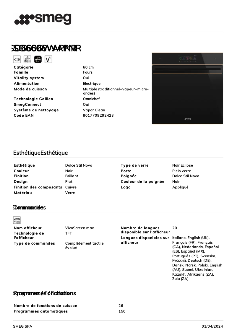 Página 1 del manual Ficha técnica Smeg SO6606WAPNR