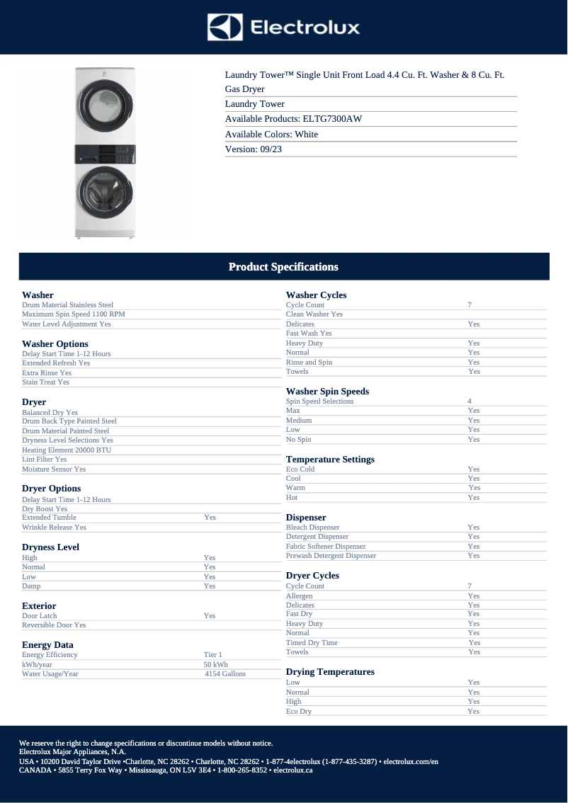 Página 1 del manual Ficha técnica Electrolux ELTG7300AW