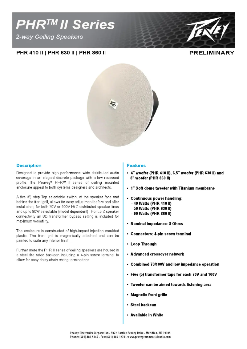Page 1 de la notice Fiche technique Peavey PHR 860 II