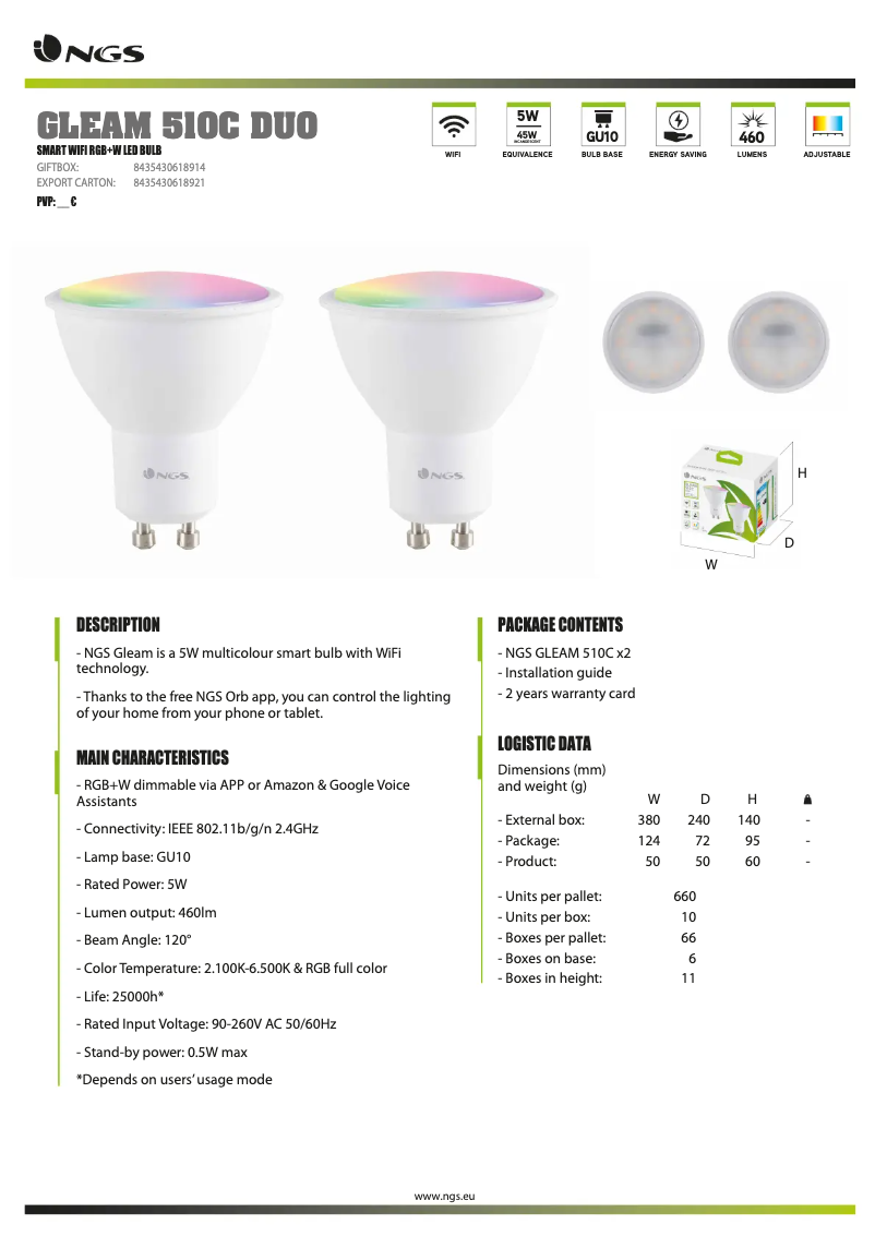 Page 1 de la notice Fiche technique NGS Gleam 510C