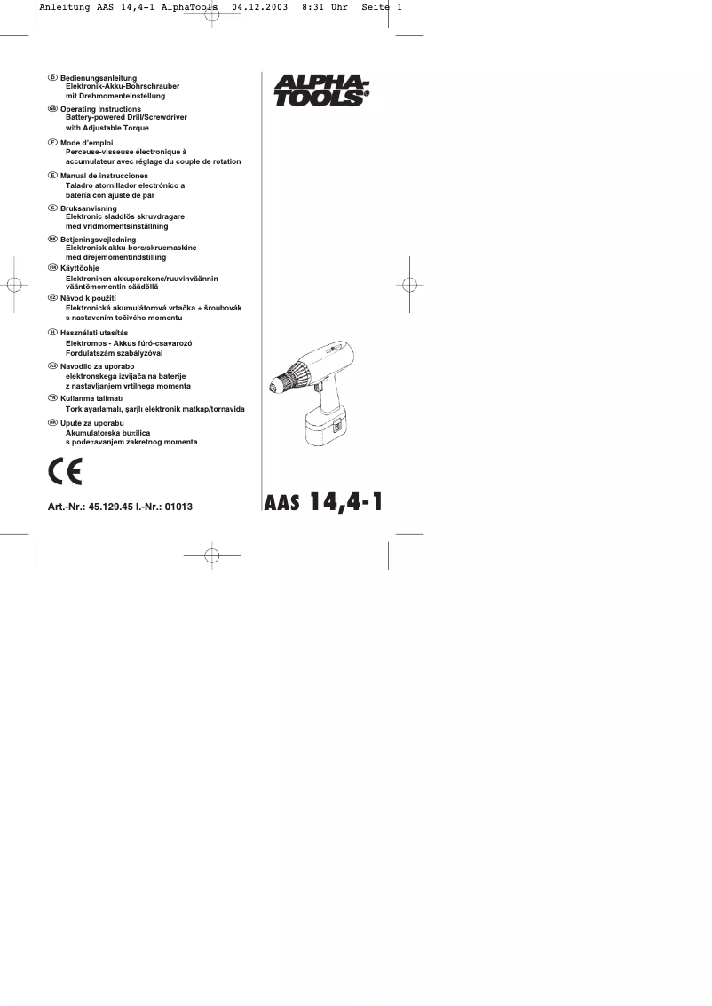 Page 1 de la notice Manuel utilisateur Alpha Tools AAS 14,4/1