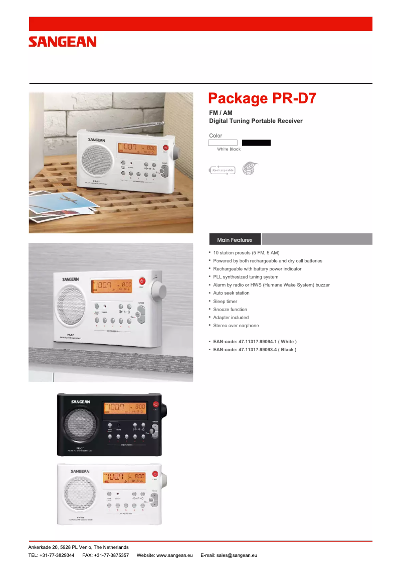 Page 1 de la notice Fiche technique Sangean PR-D7