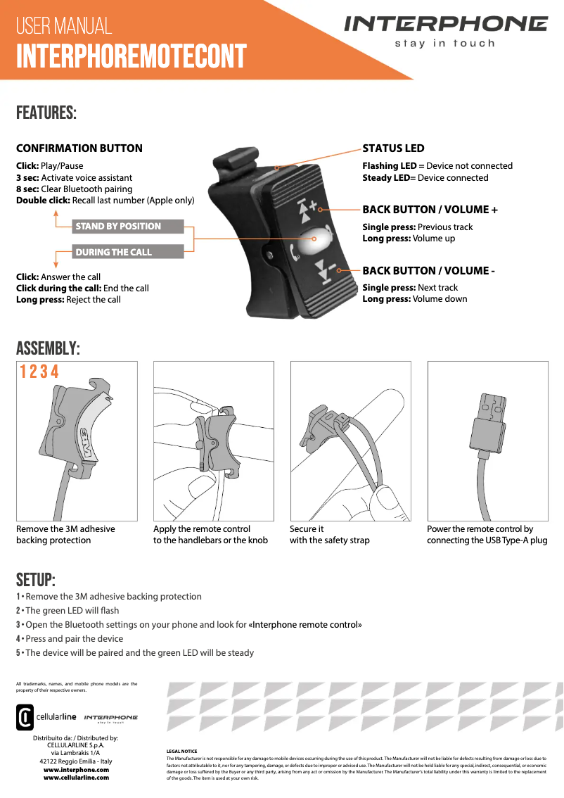 Page 1 de la notice Manuel utilisateur Interphone Handlebar Control