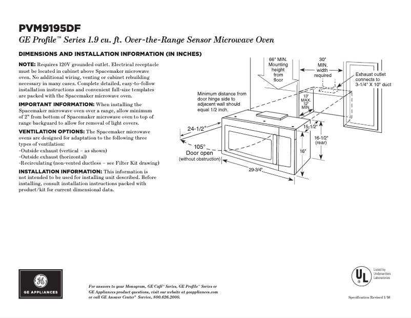 Page 1 of the manual Technical Sheet GE Profile PVM9195DFWW