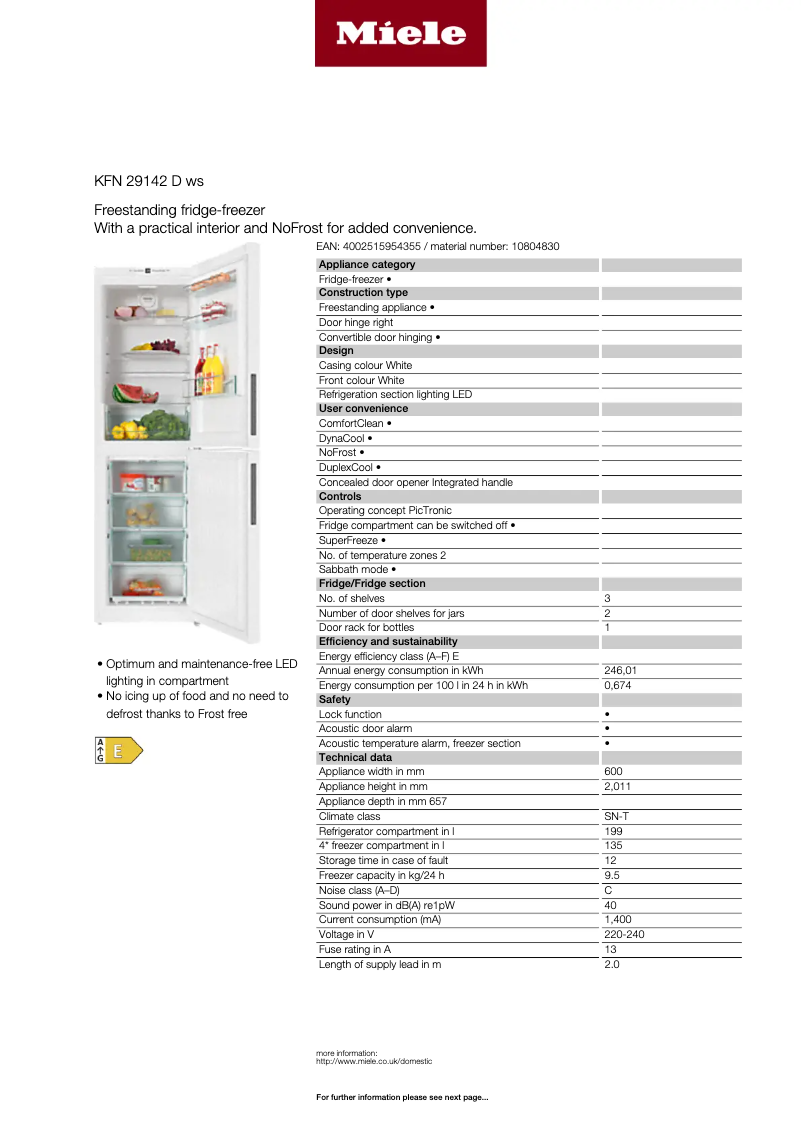 Page 1 de la notice Fiche technique Miele KFN 29142 D ws