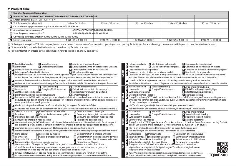Page 1 de la notice Fiche technique Panasonic TX-47AS650B