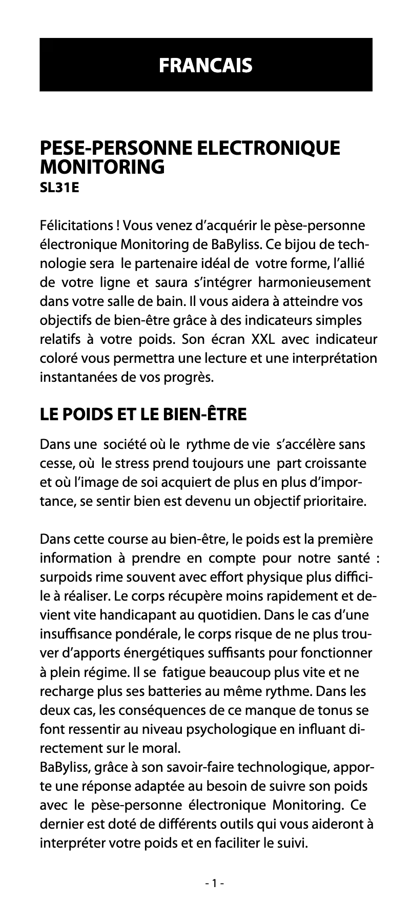 Page 1 de la notice Manuel utilisateur BaByliss SL31E Våg