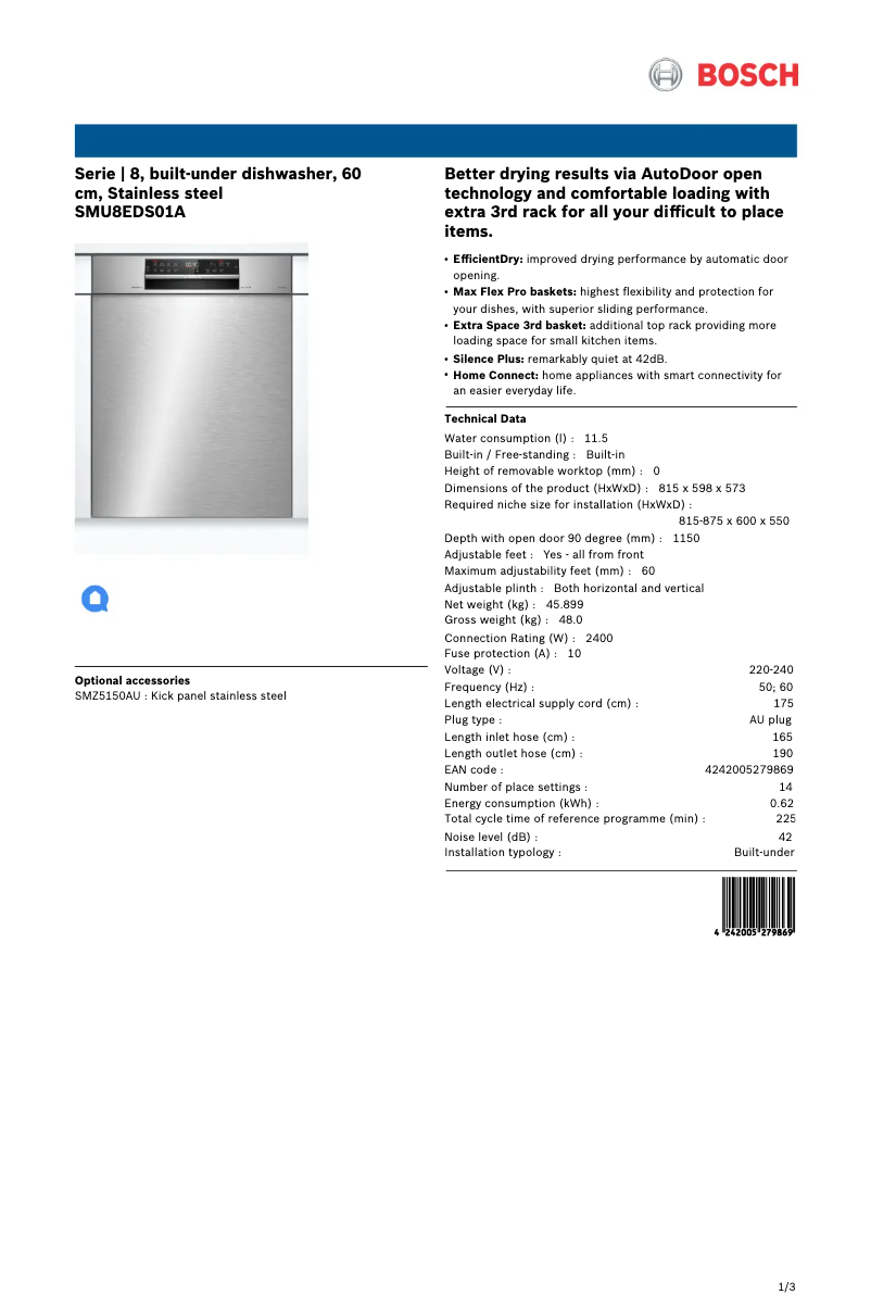 Page 1 of the manual Technical Sheet Bosch SMU8EDS01A