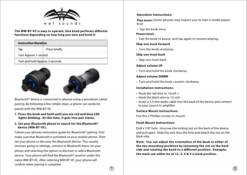 Page 1 de la notice Manuel utilisateur Wet Sounds WW-BT-VC