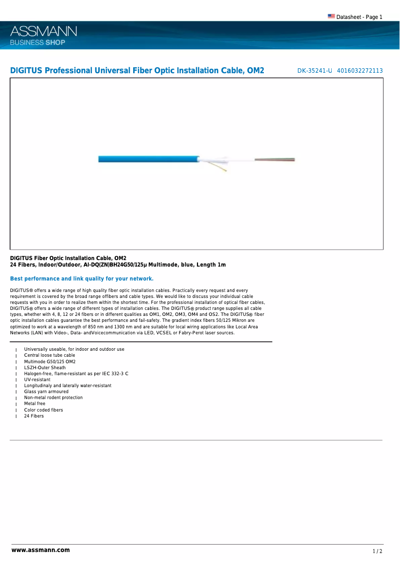 Página 1 del manual Manual de usuario ASSMANN Electronic G50/125 OM2, 1m