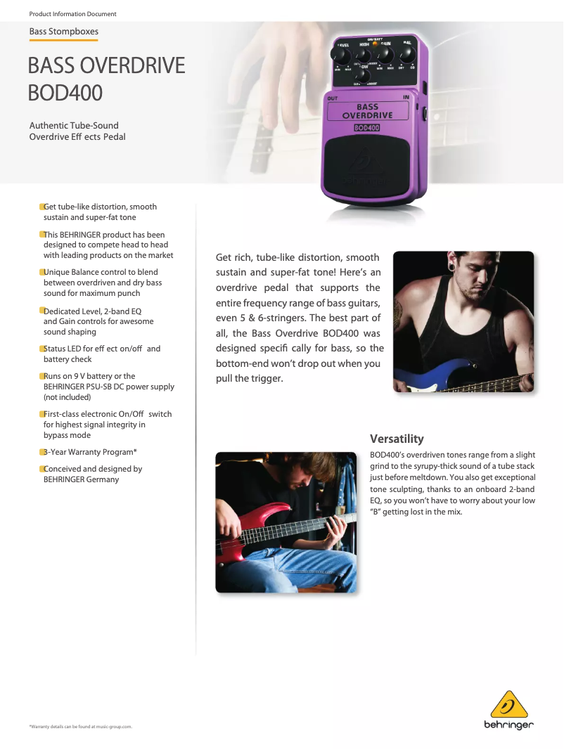 Página 1 del manual Ficha técnica Behringer Bass Overdrive BOD400