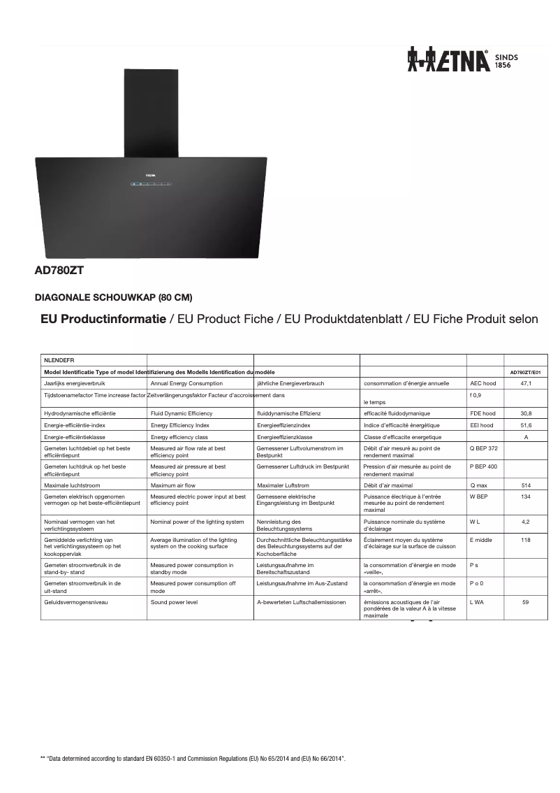 Page 1 de la notice Fiche technique Etna AD780ZT