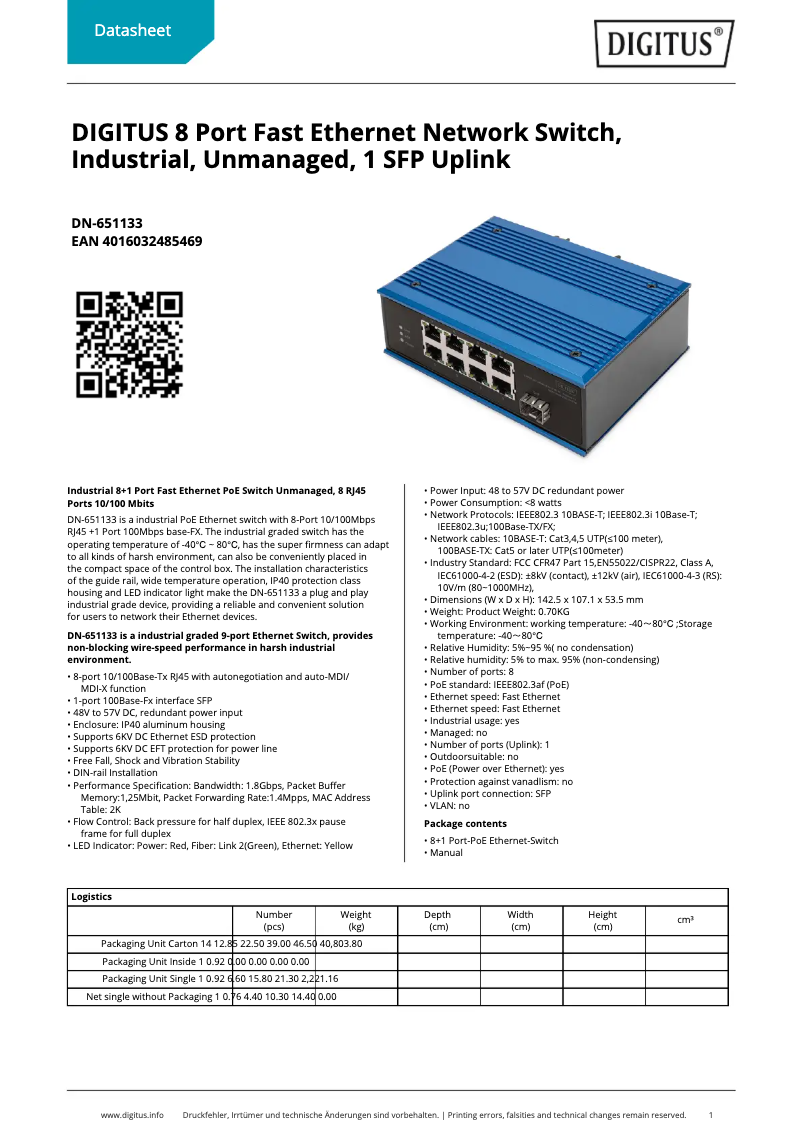 Page 1 de la notice Fiche technique Digitus DN-651133