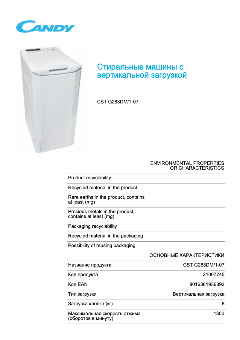 Página 1 del manual Ficha técnica Candy CST G283DM/1-07