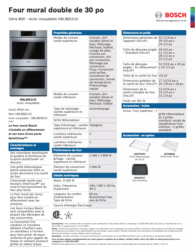 Page 1 of the manual Technical Sheet Bosch HBL8651UC