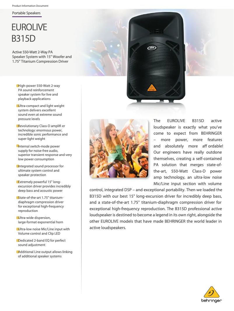 Page 1 de la notice Fiche technique Behringer Eurolive B315D