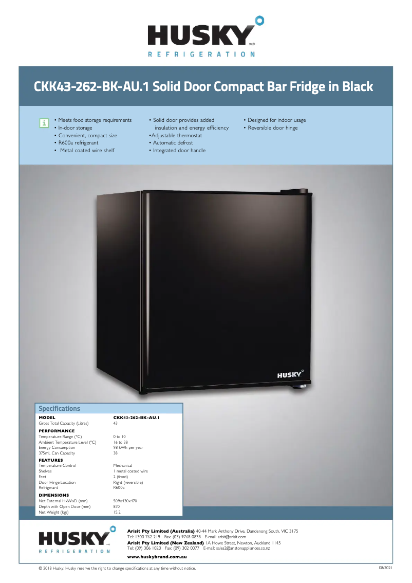 Página 1 del manual Ficha técnica Husky CKK43-262-BK-AU1