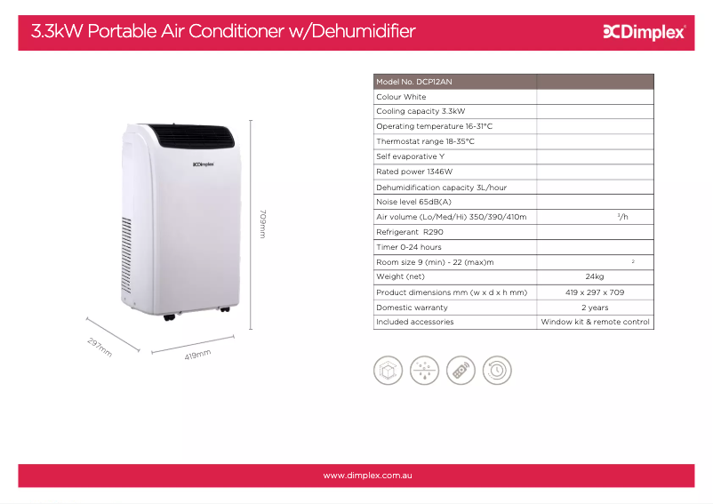 Page 1 de la notice Fiche technique Dimplex DCP12AN