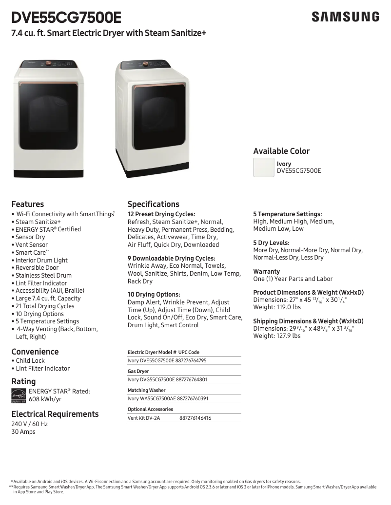 Page 1 de la notice Fiche technique Samsung DVE55CG7500E