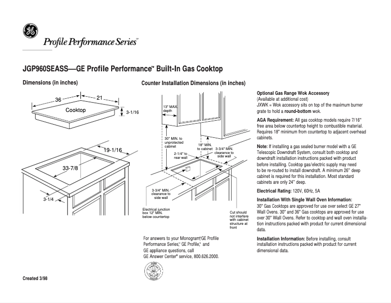Page 1 of the manual Technical Sheet GE Profile Performance JGP960SEASS