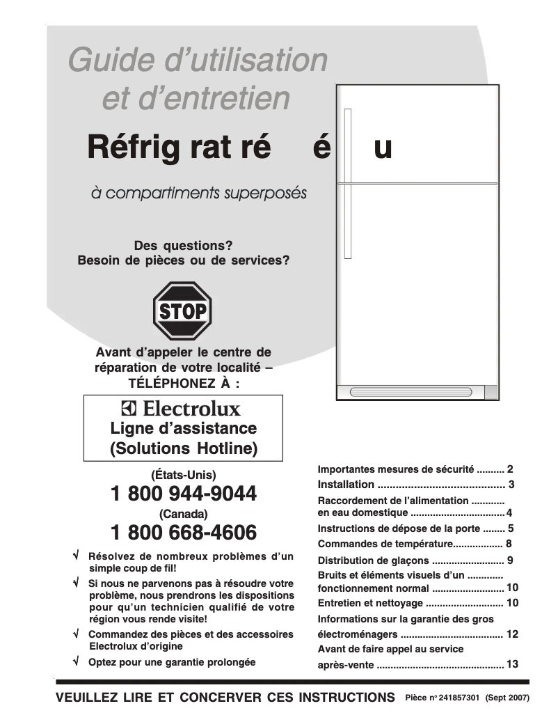 Page 1 de la notice Manuel utilisateur Frigidaire GLHT214TJB