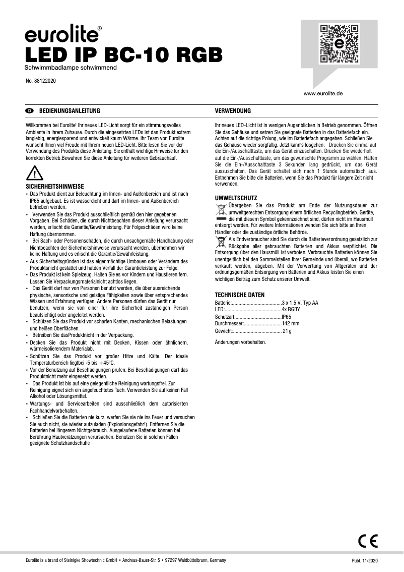 Page 1 de la notice Manuel utilisateur Eurolite LED IP BC-10 RGB