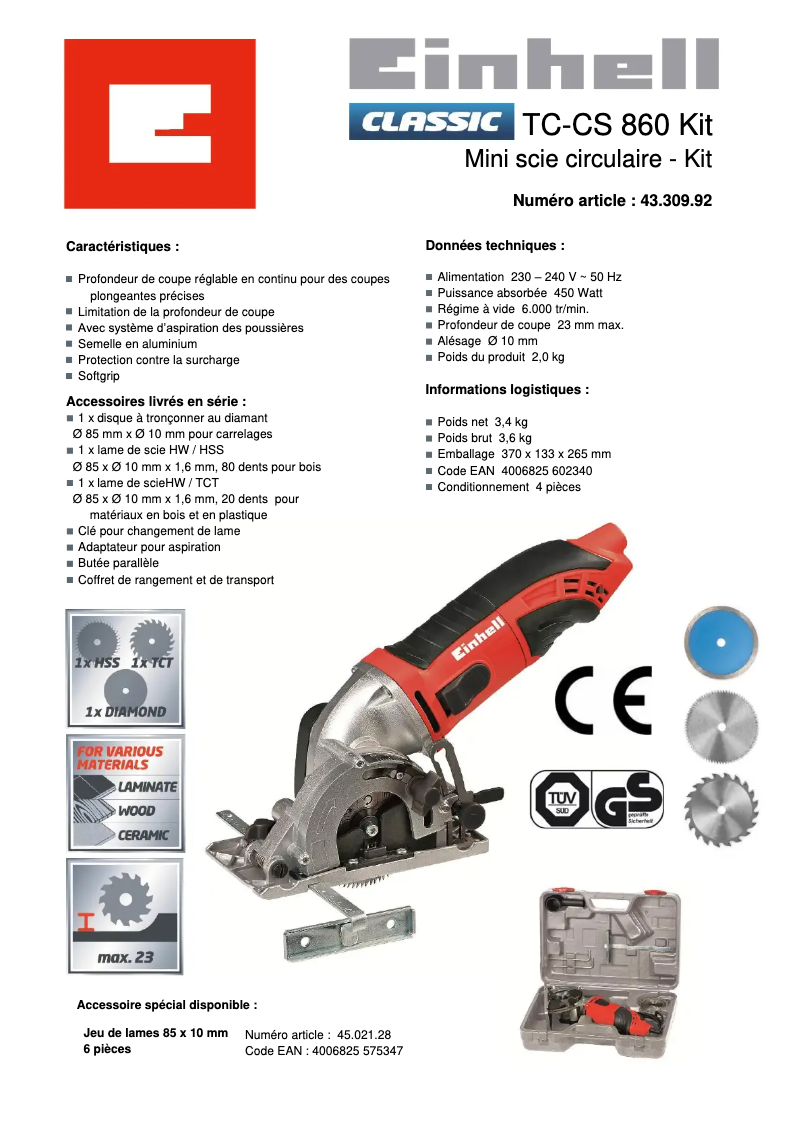 Página 1 del manual Ficha técnica Einhell TC-CS 860 KIT