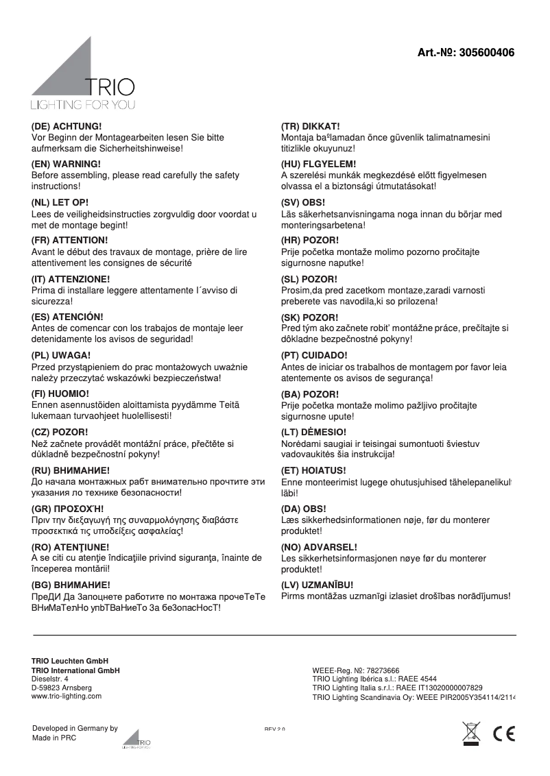 Page 1 de la notice Manuel utilisateur Trio Lighting Kolani 305600406