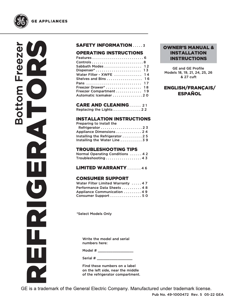 Page n°1 - Guide d'installation GE GBE21DGKWW