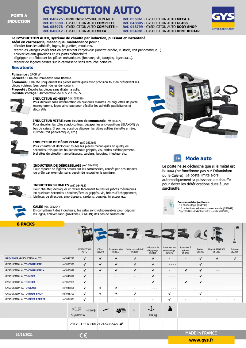 Page 1 of the manual Technical Sheet GYS Gysduction Auto Meca +