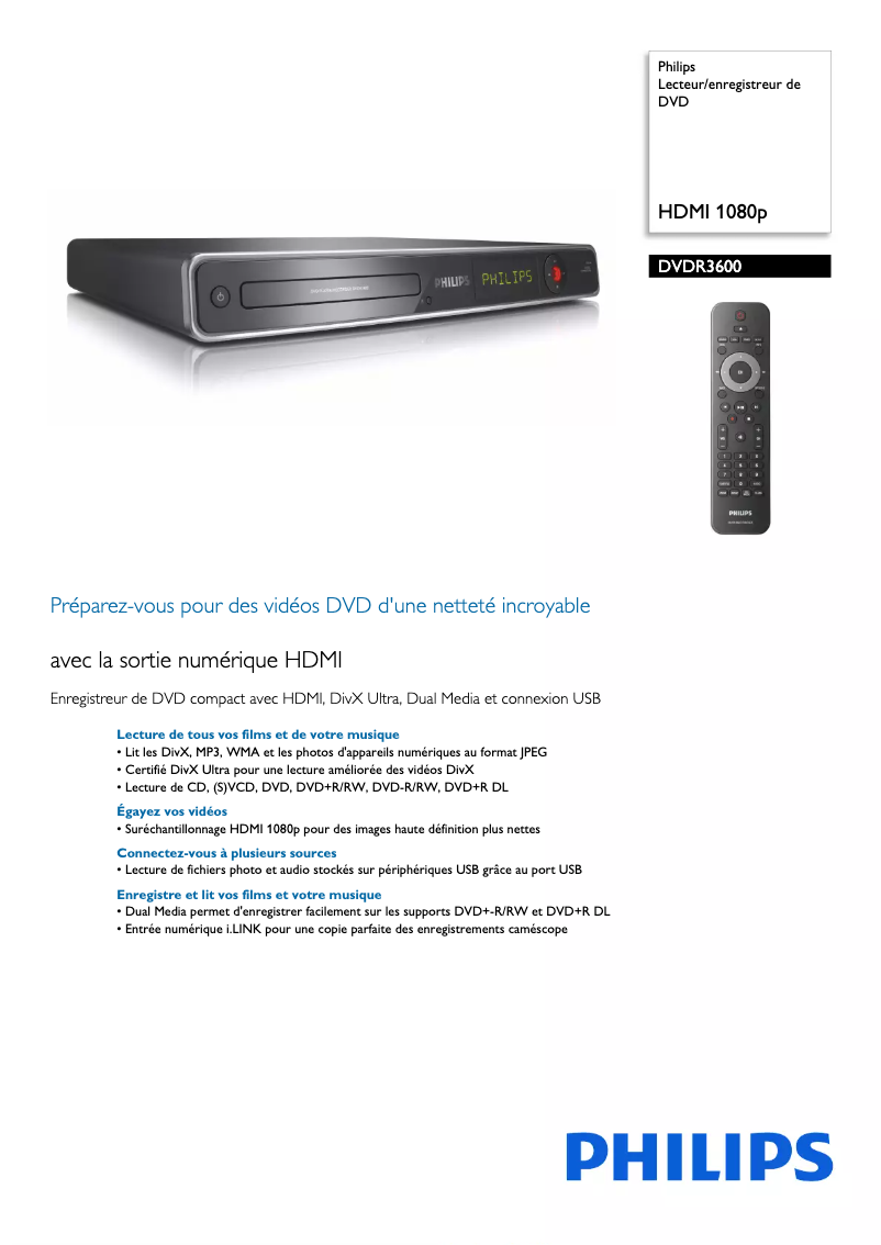 Page 1 of the manual Technical Sheet Philips DVDR3600
