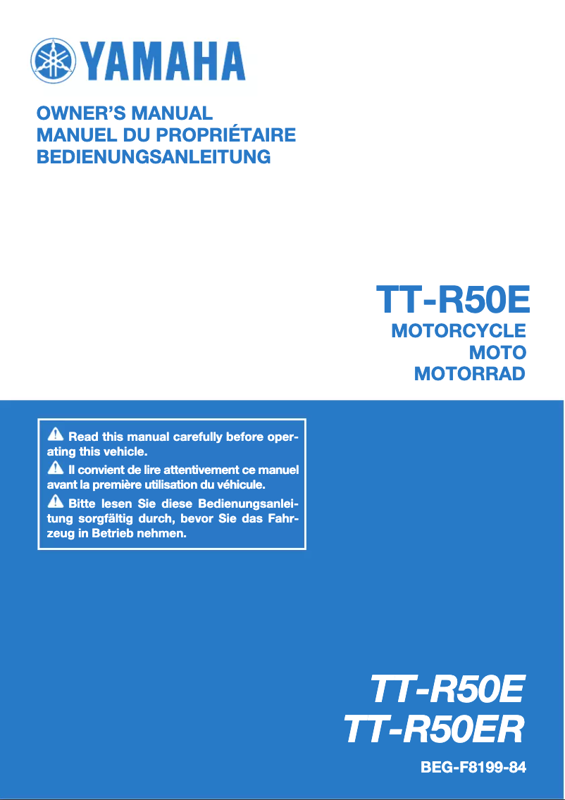 Page 1 de la notice Manuel utilisateur Yamaha TT-R50E (2024)