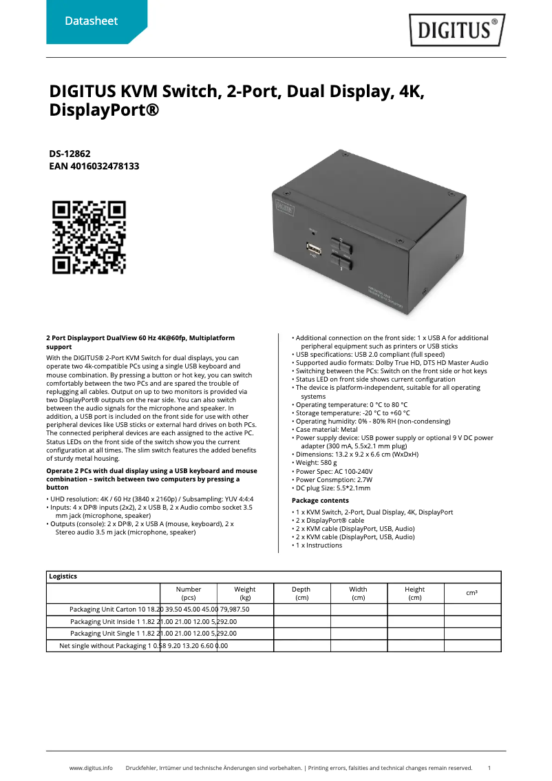 Page 1 de la notice Fiche technique Digitus DS-12862