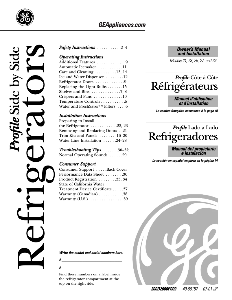 Page n°1 - Manuel d'utilisation et d'entretien GE Profile Arctica PSS29MGMWW