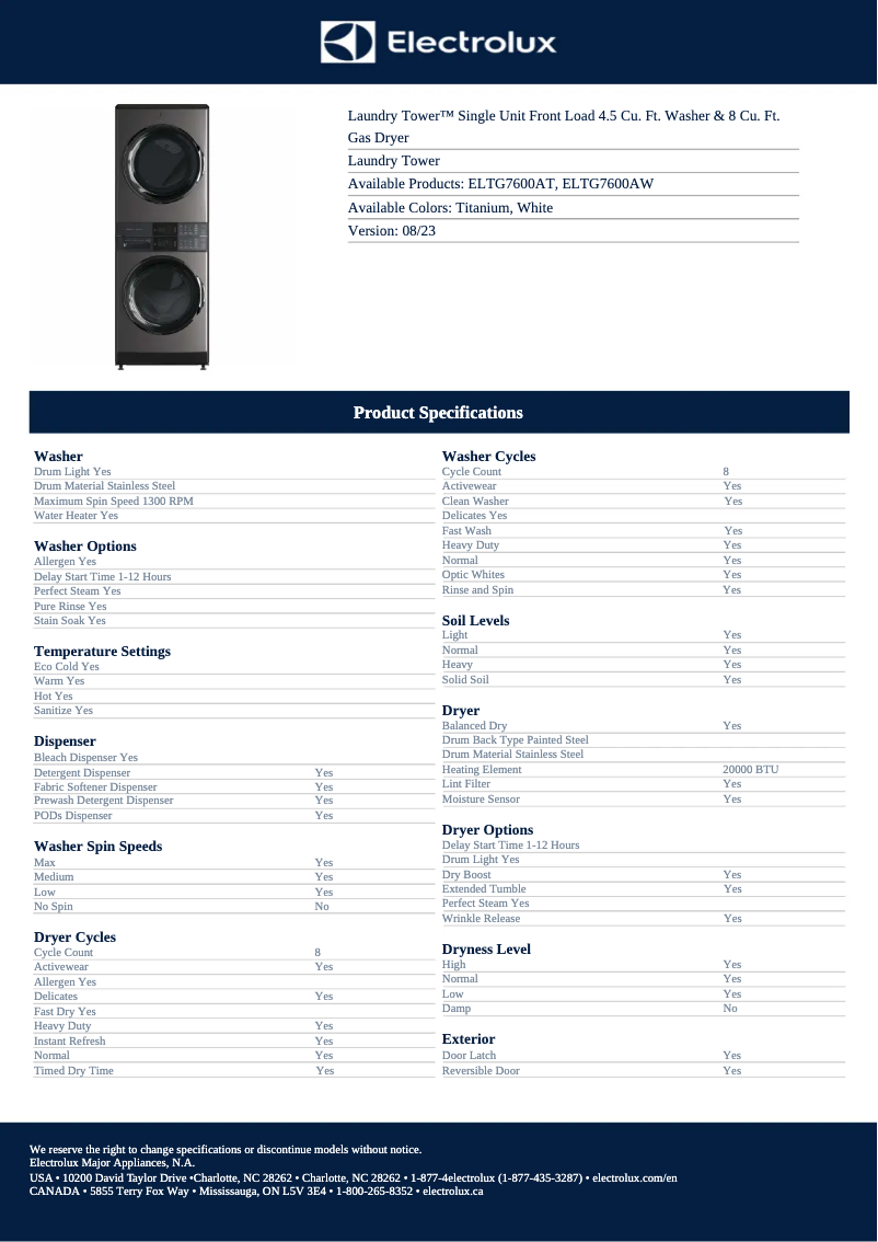 Página 1 del manual Ficha técnica Electrolux ELTG7600AT