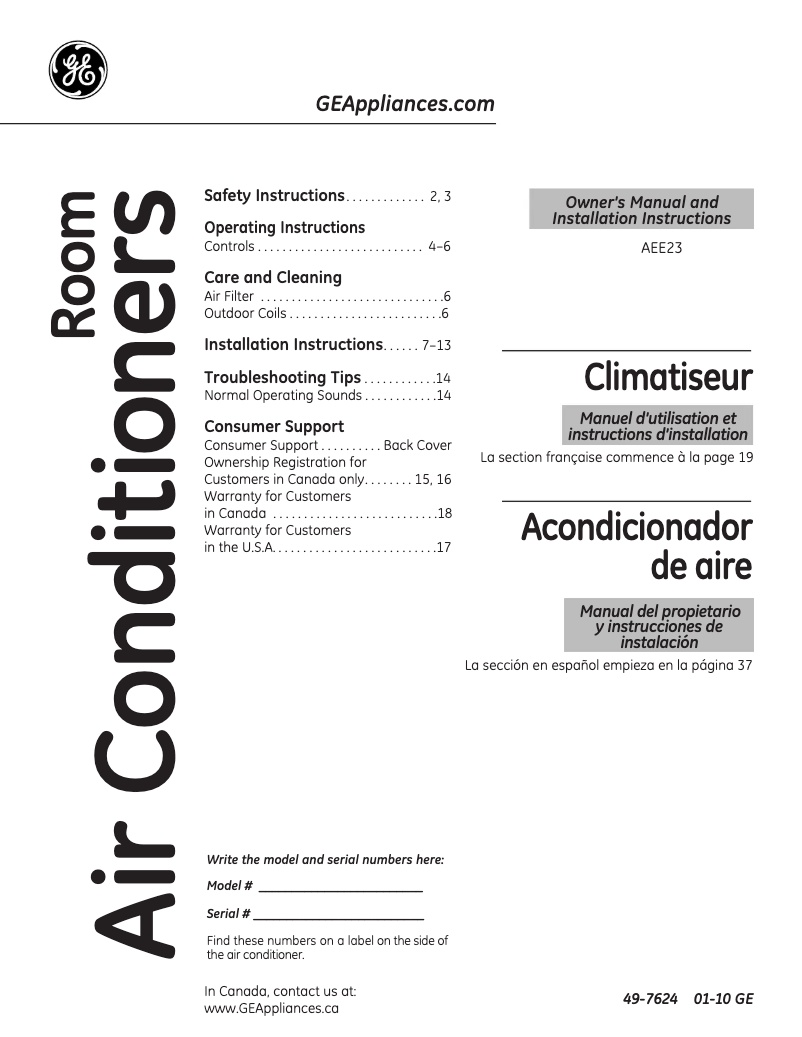 Page 1 of the manual User Manual GE AEE23DN