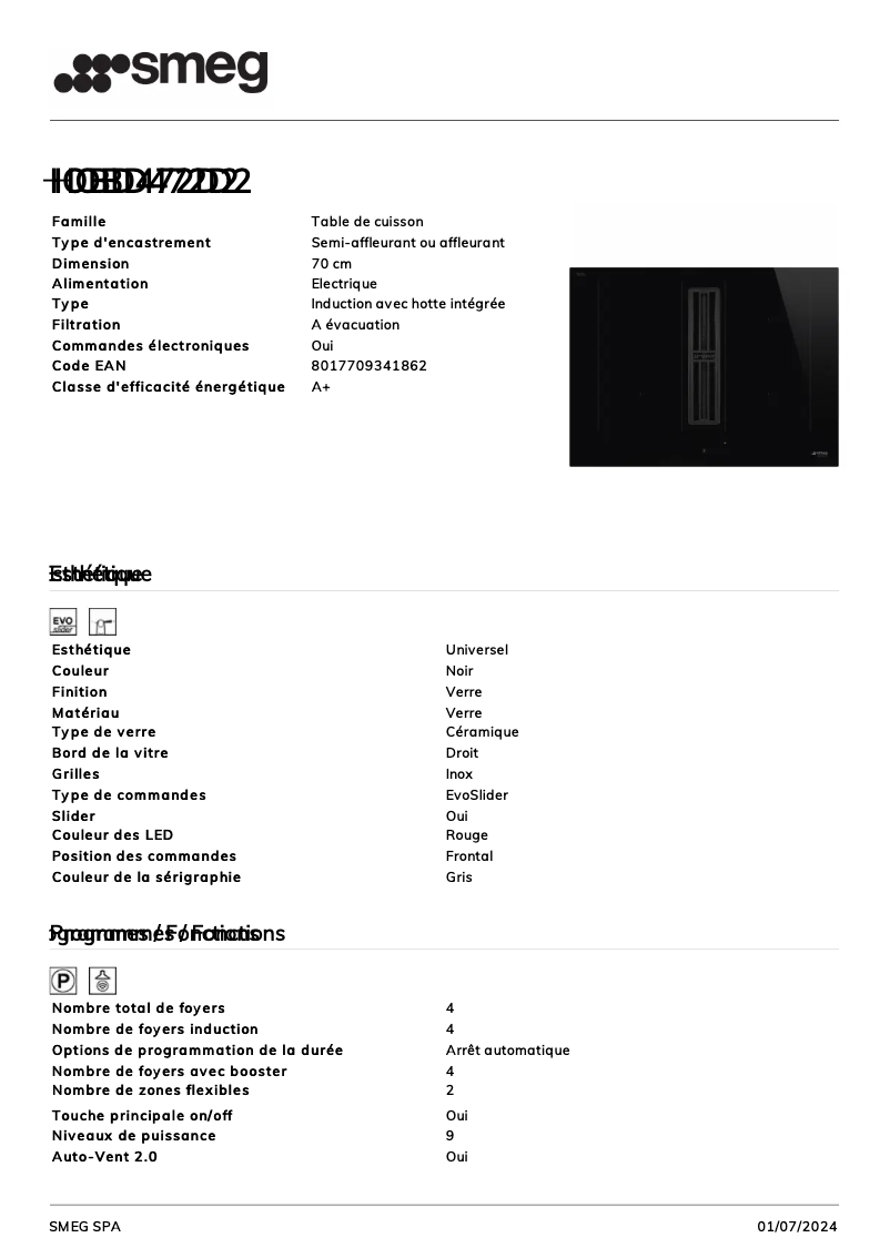 Página 1 del manual Ficha técnica Smeg HOBD472D2